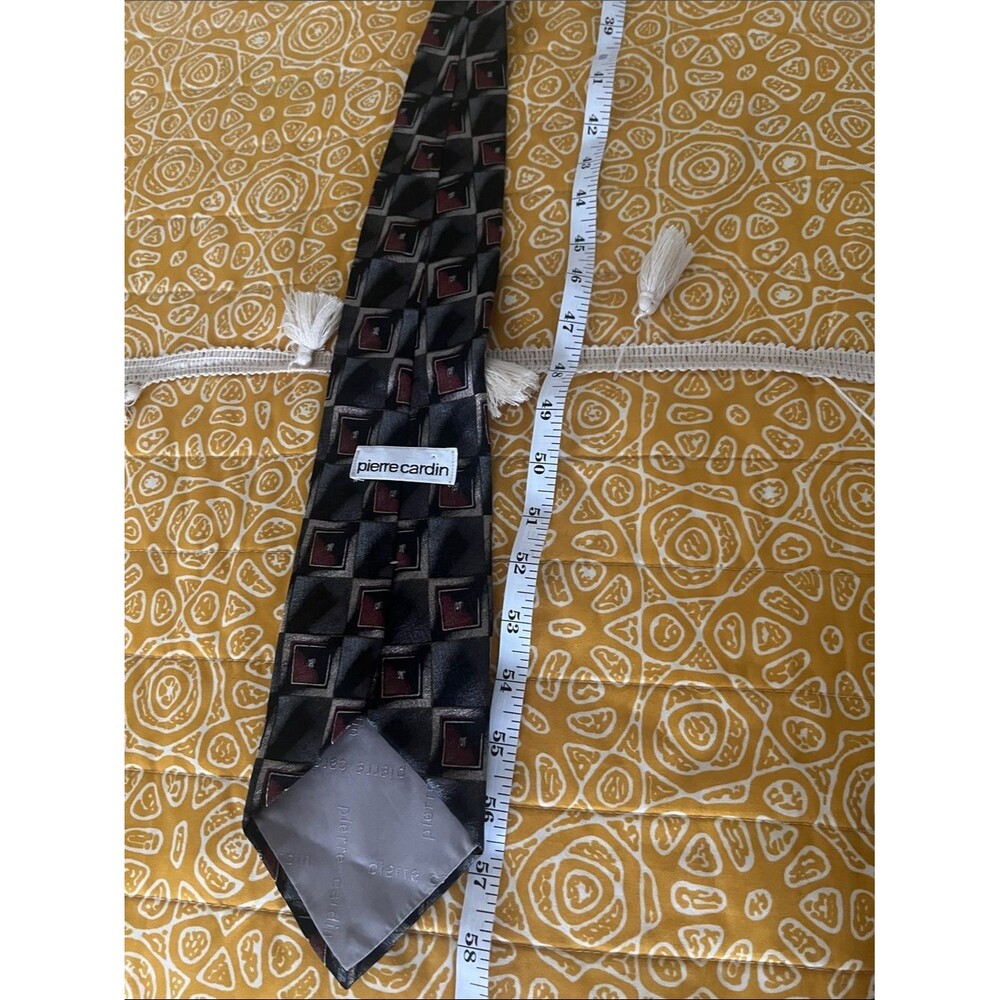 #2183:Vintage Pierre Cardin Black Tie with Burgundy & Cream Geometric Squares - Picture 14 of 14
